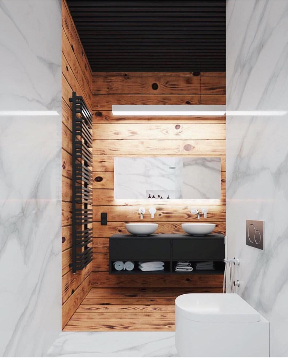 Baño mármol y madera